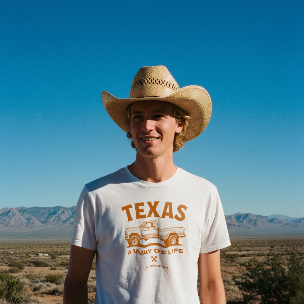 Young man wearing a large straw cowboy hat and a white t-shirt with a truck graphic and the words 'TEXAS A WAY OF LIFE' standing in a desert landscape with mountains in the background.