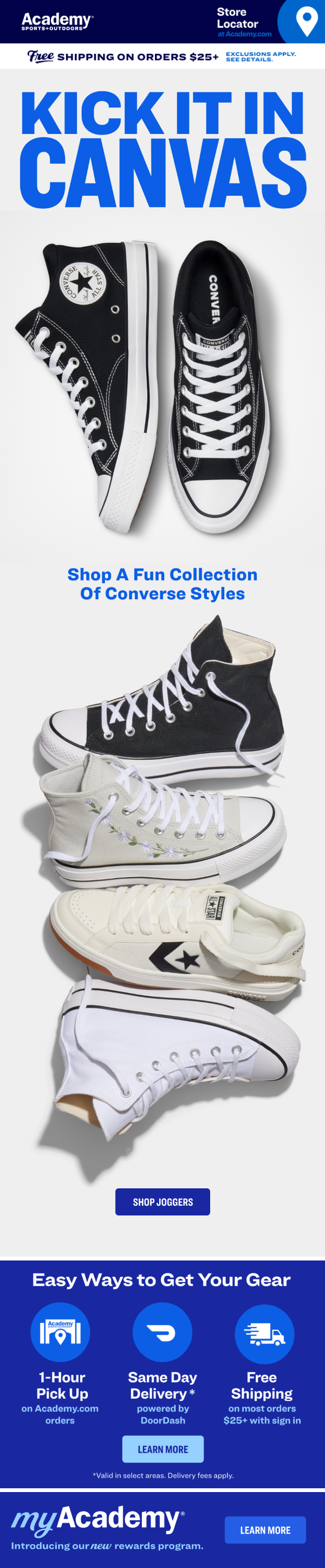 A promotional advertisement for Academy Sports + Outdoors featuring a collection of Converse sneakers, including black and white high-tops, and white low-tops with designs. The ad highlights free shipping on orders over $25 and promotes easy gear access with options like pick-up, same-day delivery, and free shipping.