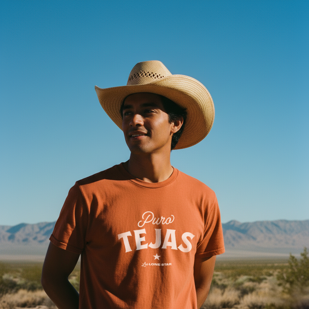 A young man wearing a wide-brimmed straw hat and an orange T-shirt with the text "Puro Tejas" and "Los Lone Star" stands outdoors in a desert landscape with distant mountains under a clear blue sky.