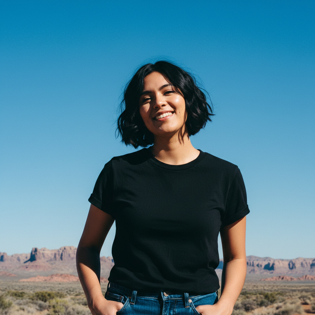 A young woman with short black hair smiling outdoors against a desert landscape and clear blue sky.