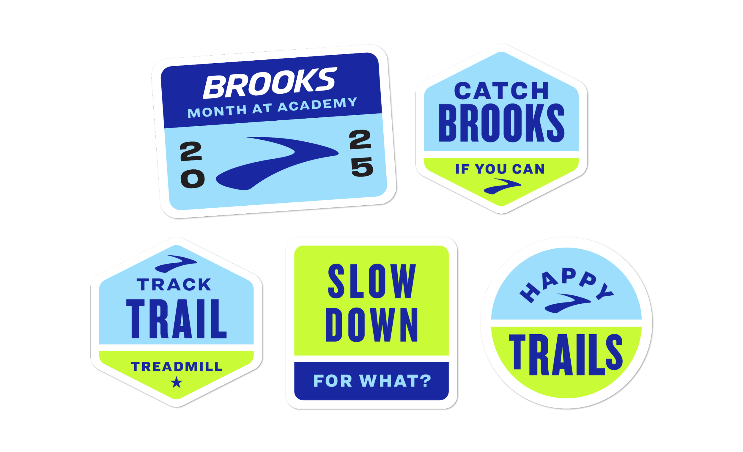 Collection of six outdoor trail signs with blue and green accents, including a mock license plate, badges, and posters with phrases like "Catch Brooks," "Track Trail," "Slow Down," and "Happy Trails."