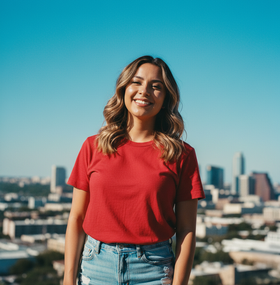 A young woman with wavy brown hair, wearing a red t-shirt and ripped denim shorts, smiling outdoors with a city skyline in the background under a clear blue sky.