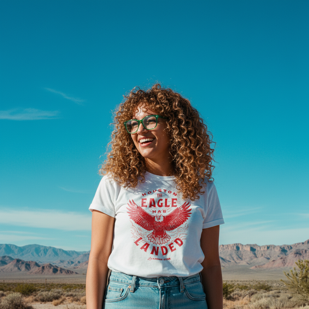 A woman with curly hair and glasses smiling outdoors in a desert landscape with mountains in the background.