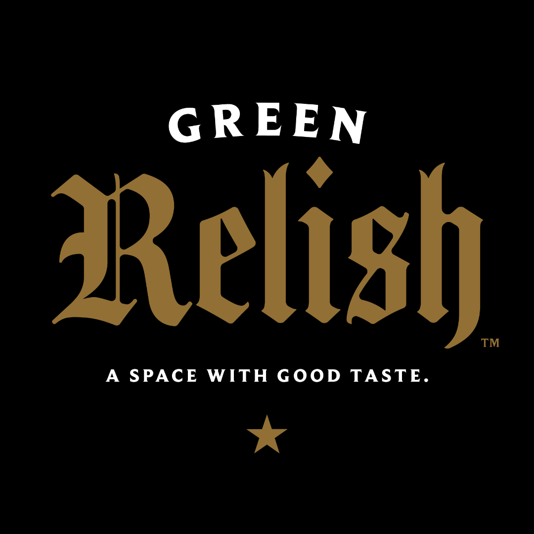 Black background with the text "Green Relish" in large brown gothic font, "Green" in smaller white font above, and the tagline "A space with good taste" in white below, with a small gold star at the bottom.
