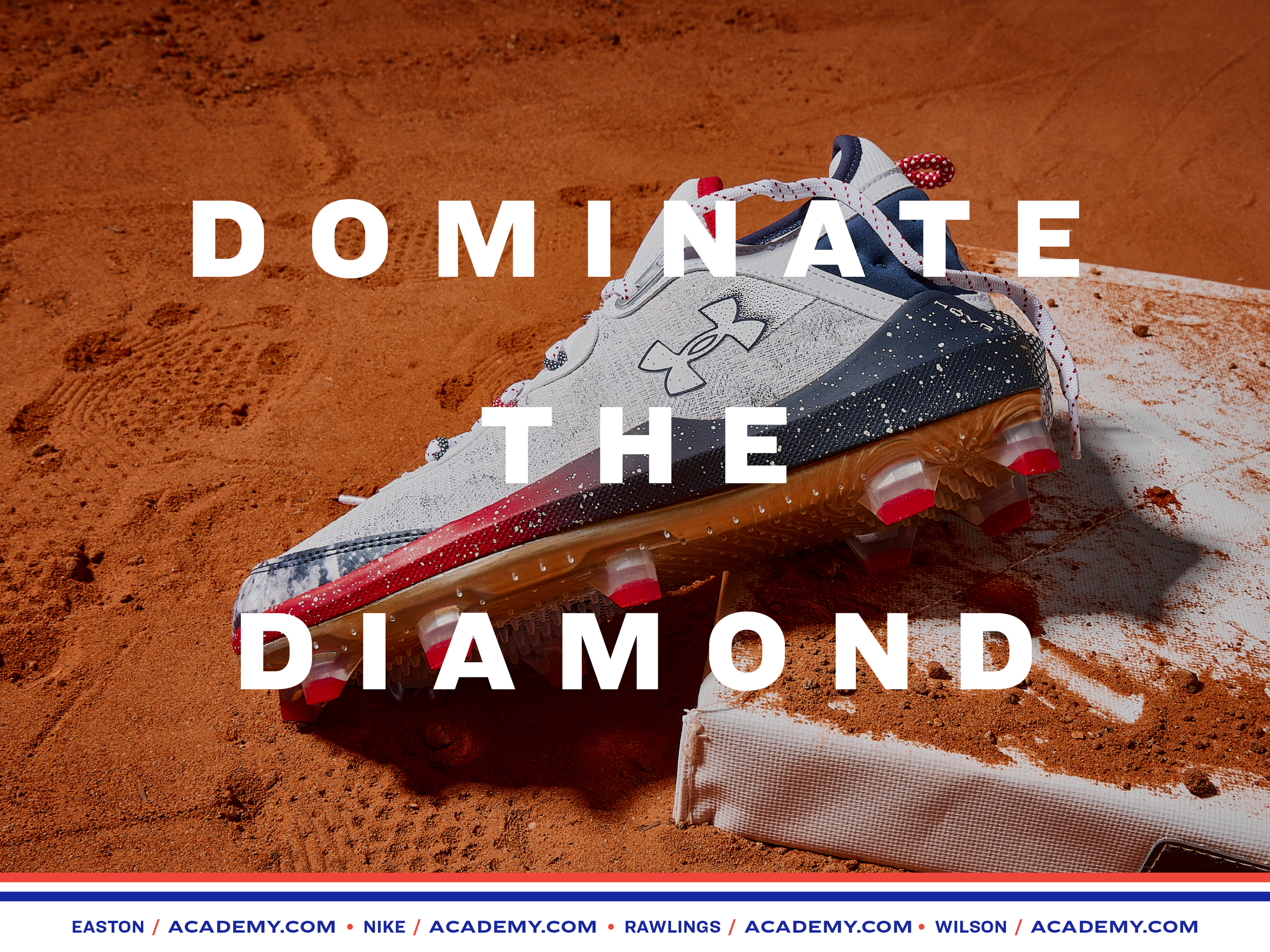 A running shoe on a dirt trail with the quote 'Dominate the Diamond' in white text over the image.
