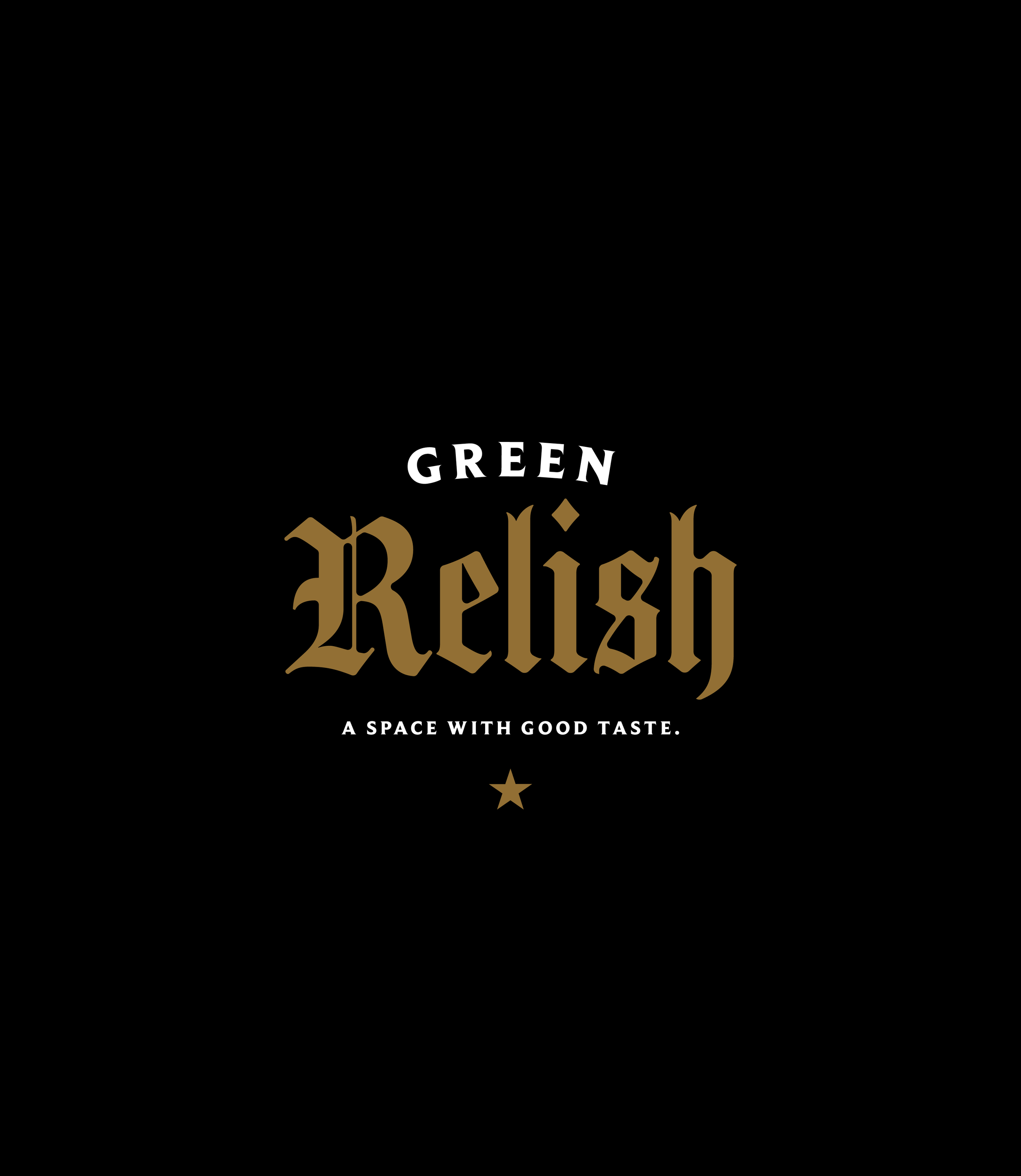 Black background with gold and white text that reads 'Green Relax' and 'A space with good taste', with a small gold star below.