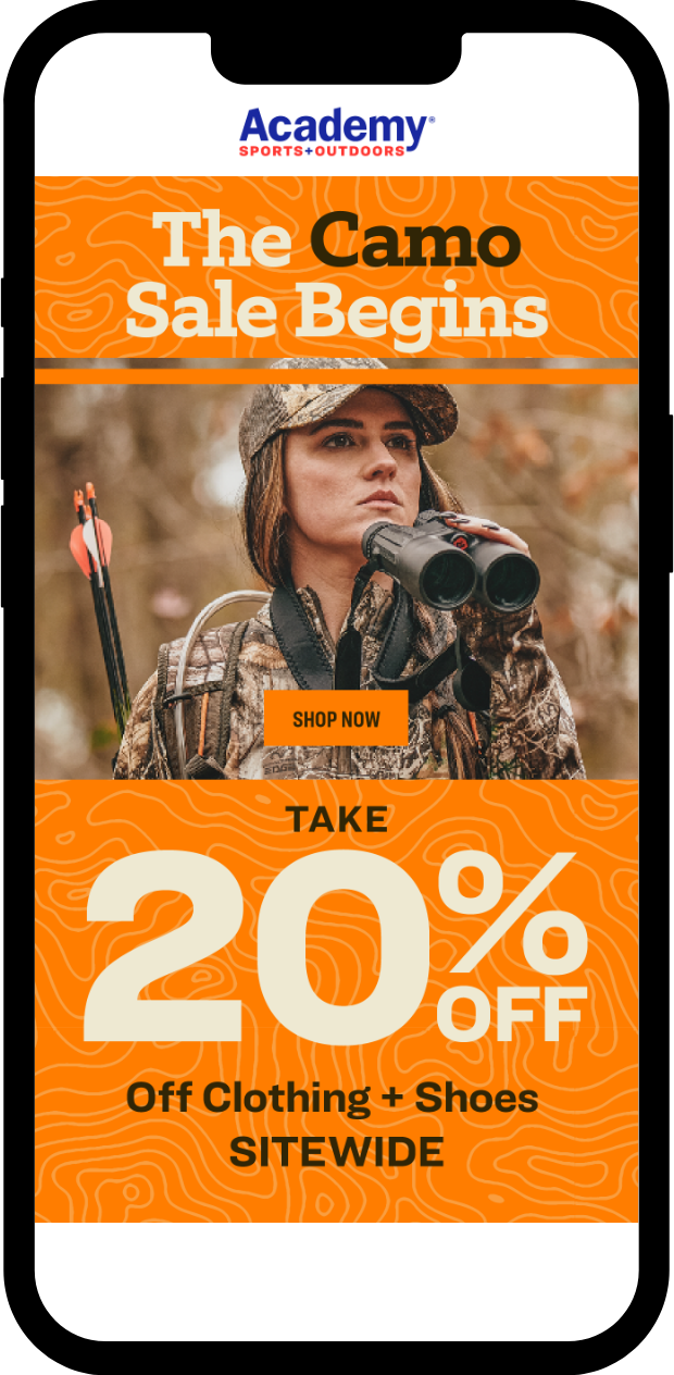 Digital advertisement for Academy Sports + Outdoors featuring a sale on camouflage clothing and shoes, offering 20% off sitewide, with an image of a woman dressed in camouflage hunting gear using binoculars.