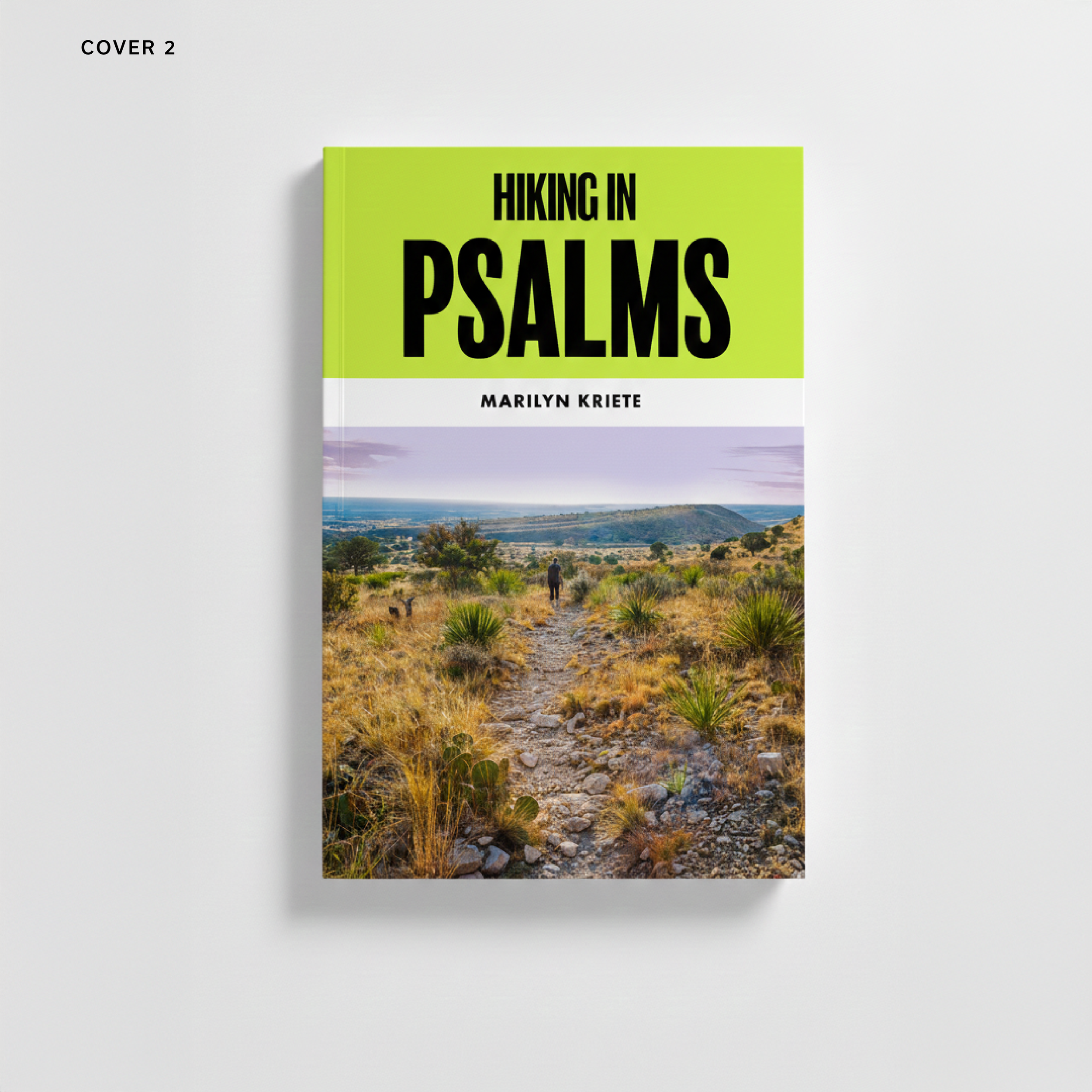 Book titled "Hiking in Psalms" by Marilyn Kriete, featuring an outdoor hiking trail in a desert landscape with sparse vegetation and mountains in the background.