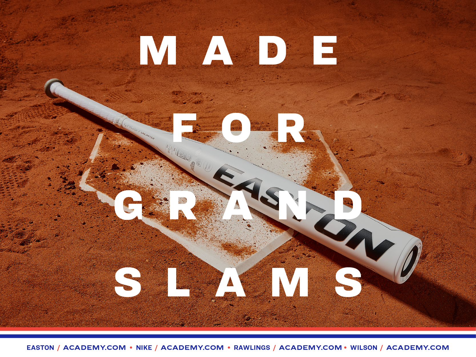 A white baseball bat lying on red clay with a white chalk mark and the text 'MADE FOR GRAND SLAMS' overlayed on the image.