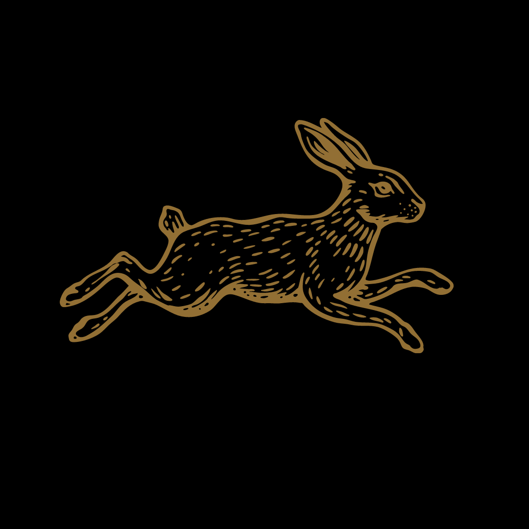 A black background with a gold outline of a rabbit leaping.
