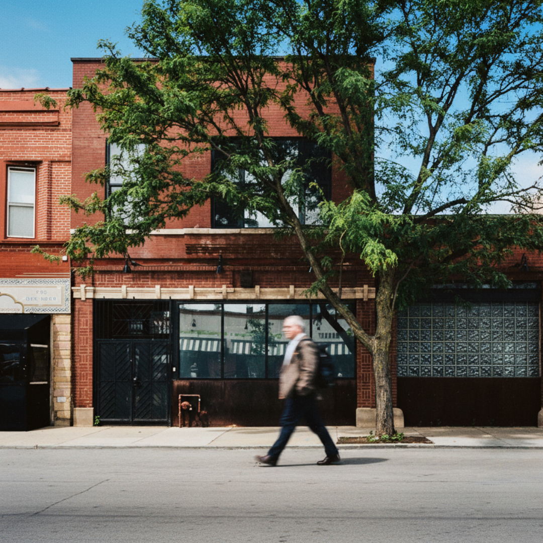 Man walking on sidewalk in front of a brick building with green trees and clear blue sky.