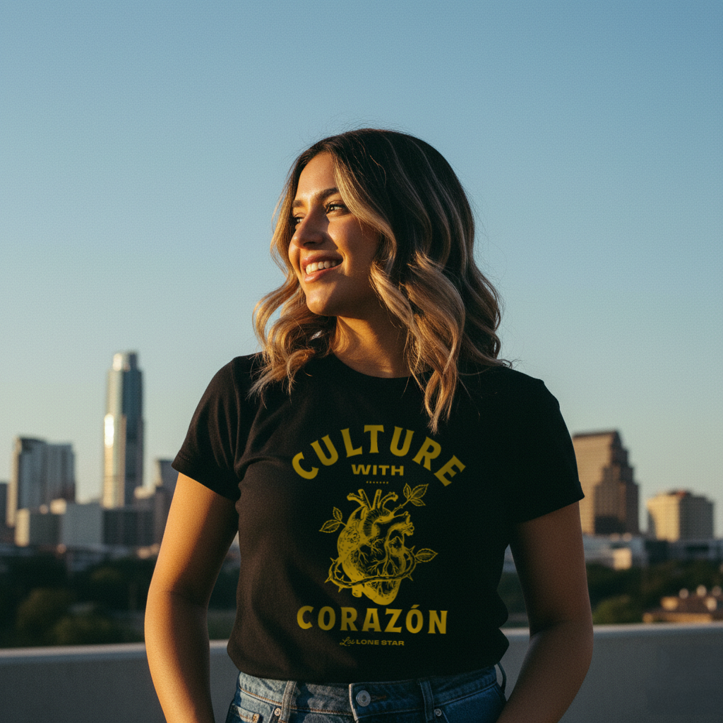 Young woman with wavy hair smiling and looking to the side, wearing a black T-shirt with yellow graphic text and a city skyline in the background during sunset.
