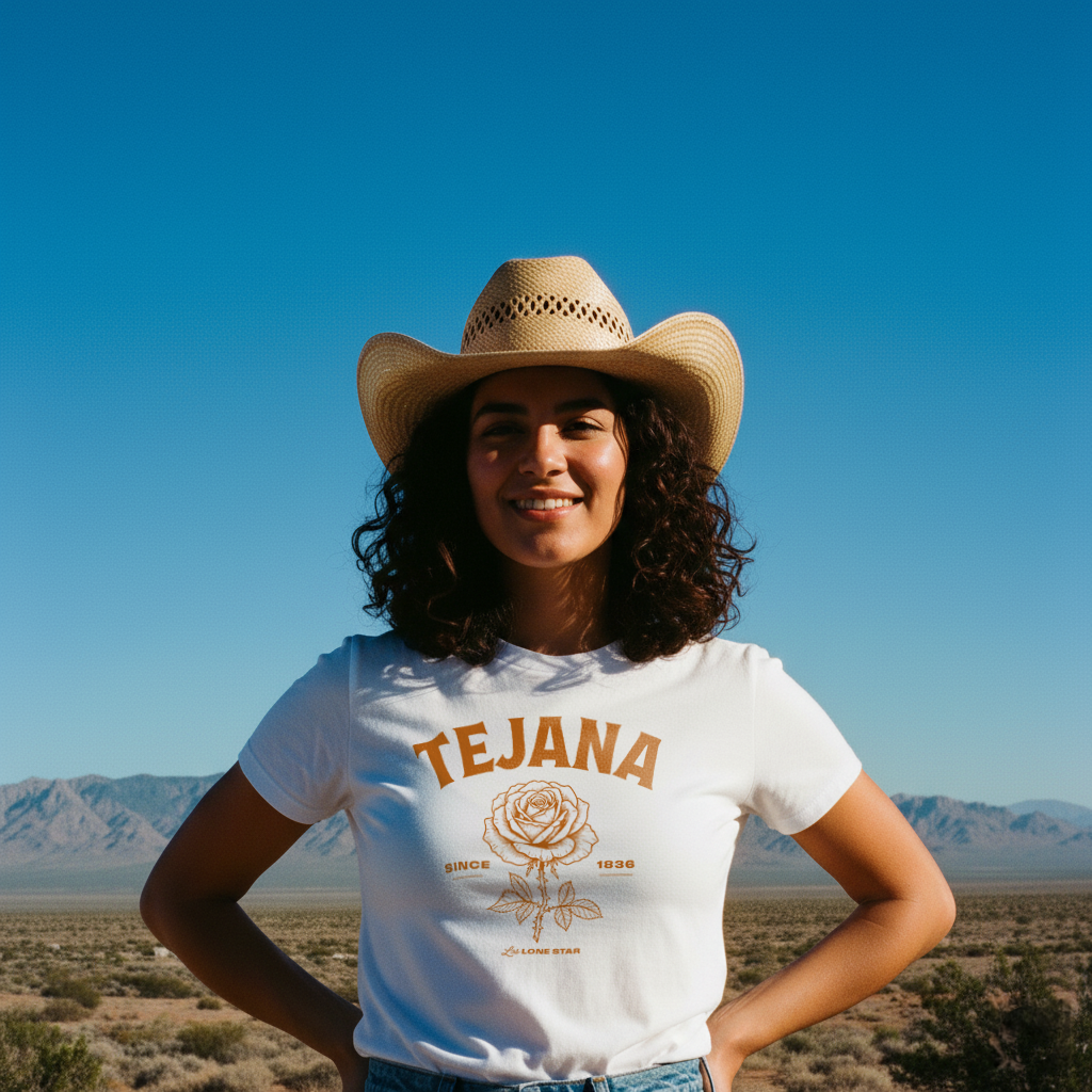 A woman with curly hair wearing a wide-brimmed straw hat and a white T-shirt with an orange rose graphic, standing in a desert landscape with mountains in the background and a clear blue sky.