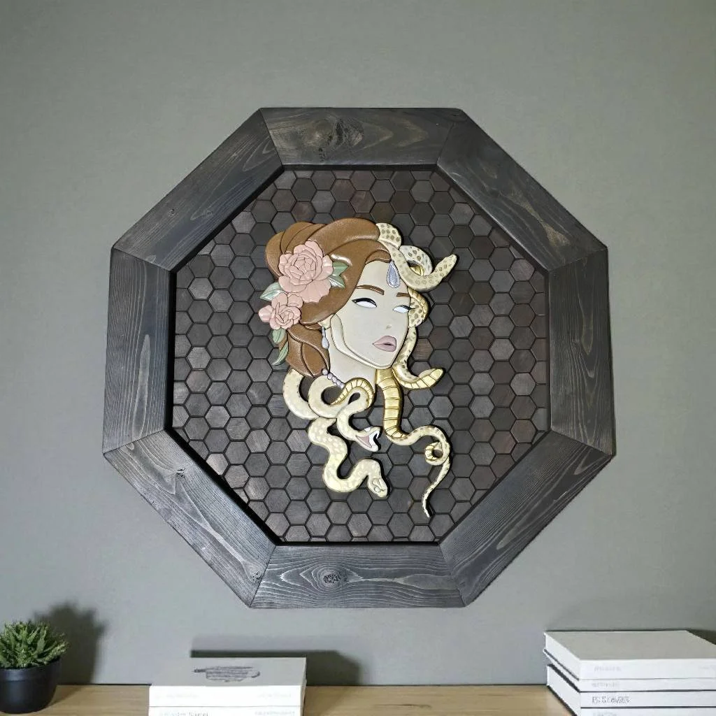 Decorative art piece of a woman with flowers in her hair and a snake wrapped around her face, mounted on a hexagonal black honeycomb background with a gray and black wooden frame.