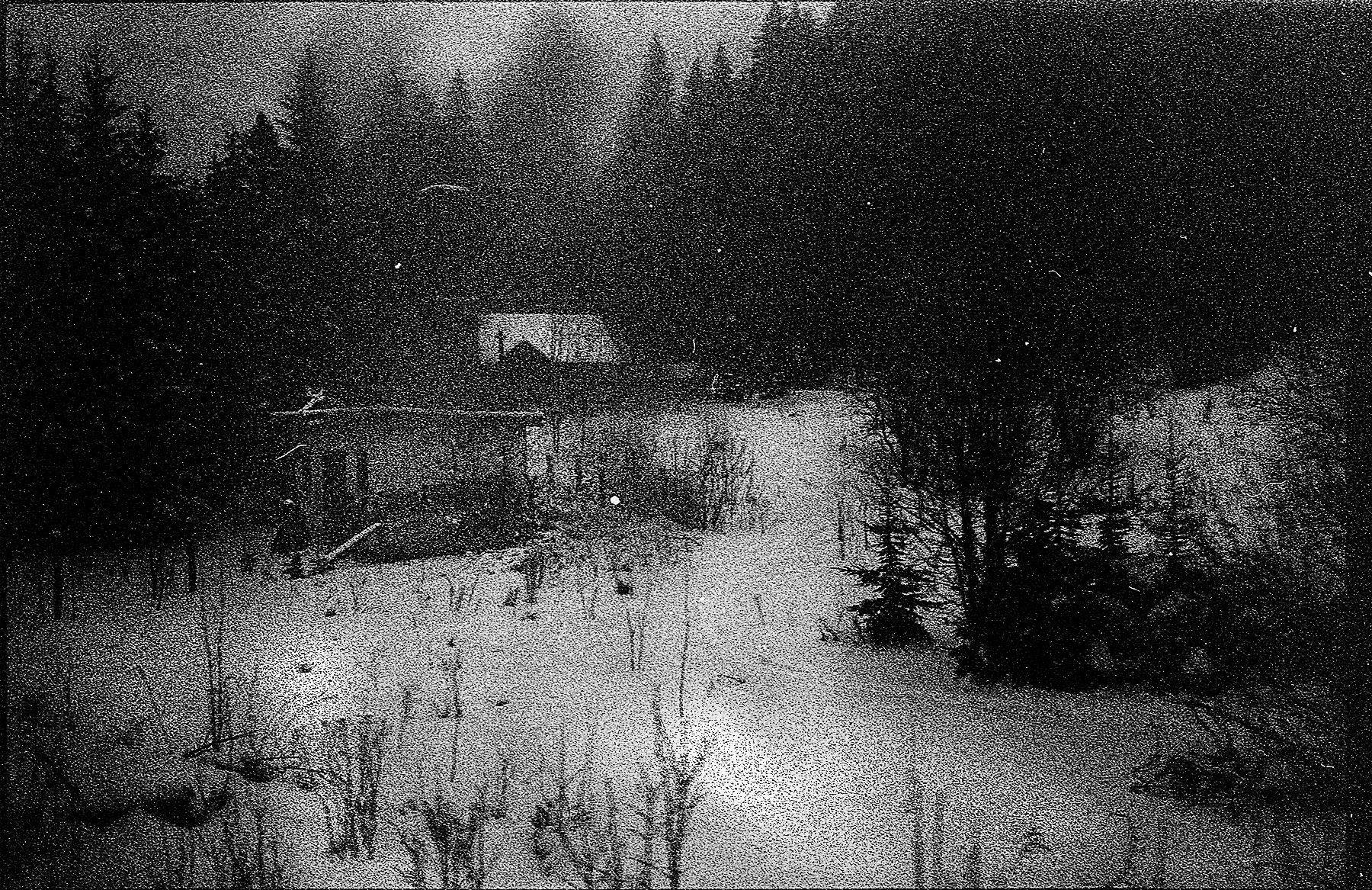 Black-and-white photo of a winter landscape showing a snow-covered pond or lake surrounded by trees, with a small building or structure in the distance.