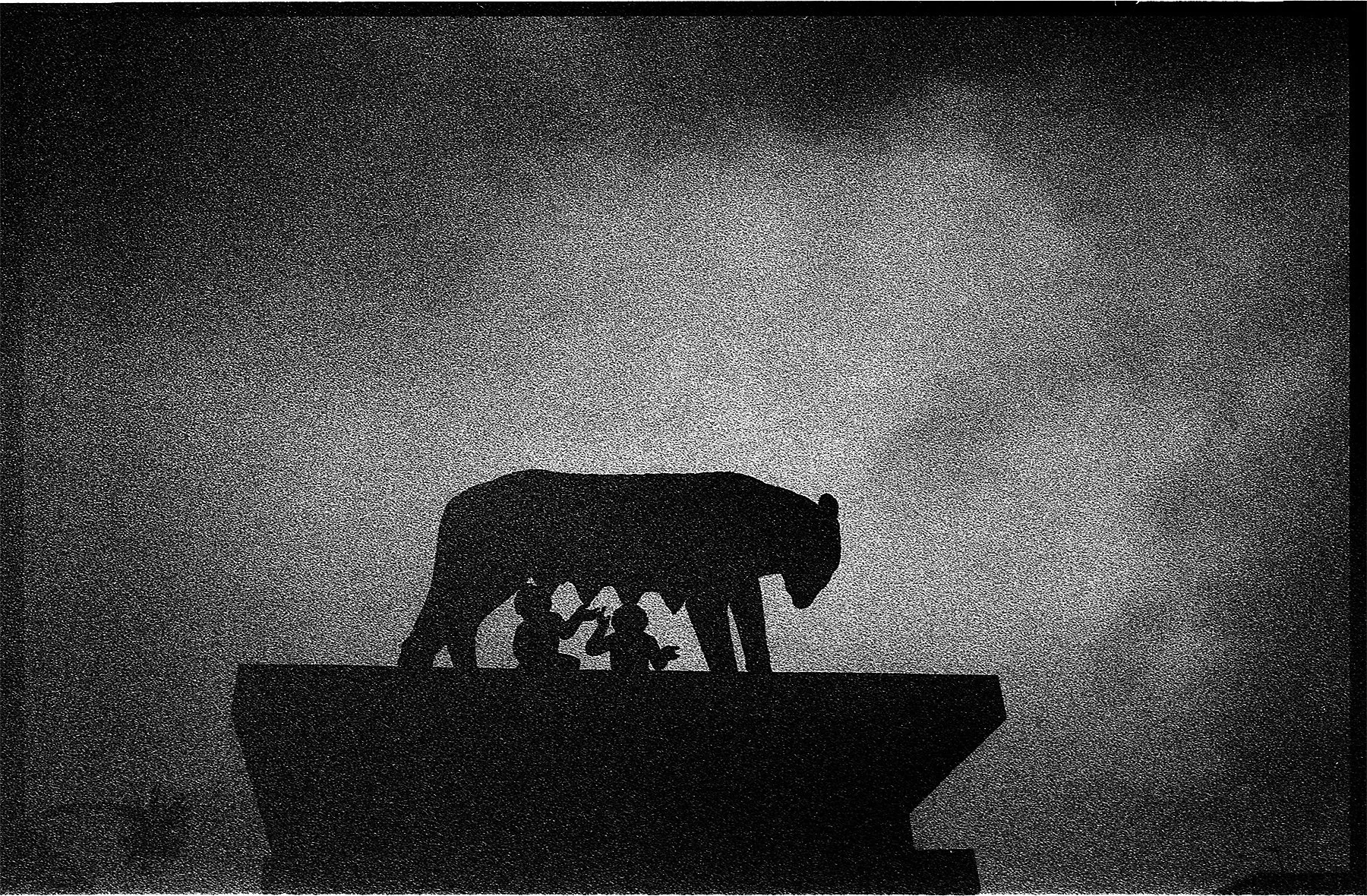 Silhouette of a large animal, likely a bear, with three small human figures in front, against a starry sky in black and white.