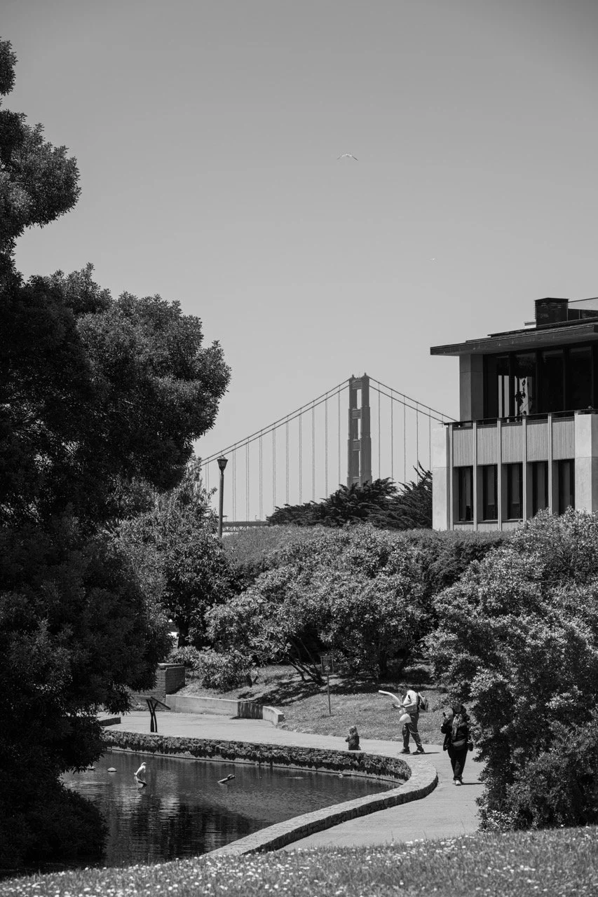 A park with trees and a pond, with three people walking on a path alongside the pond. The Golden Gate Bridge is visible in the background, beneath a clear sky with a bird flying overhead.