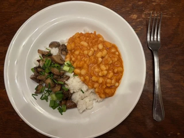Beans and mushrooms over rice