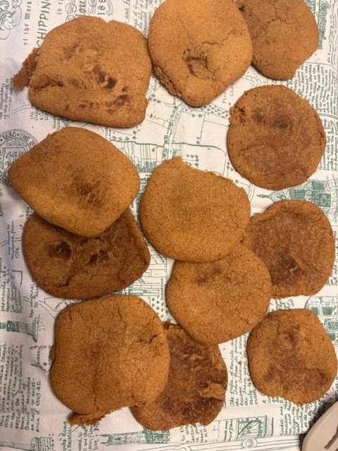 overbaked snickerdoodles cooling on a dishtowel