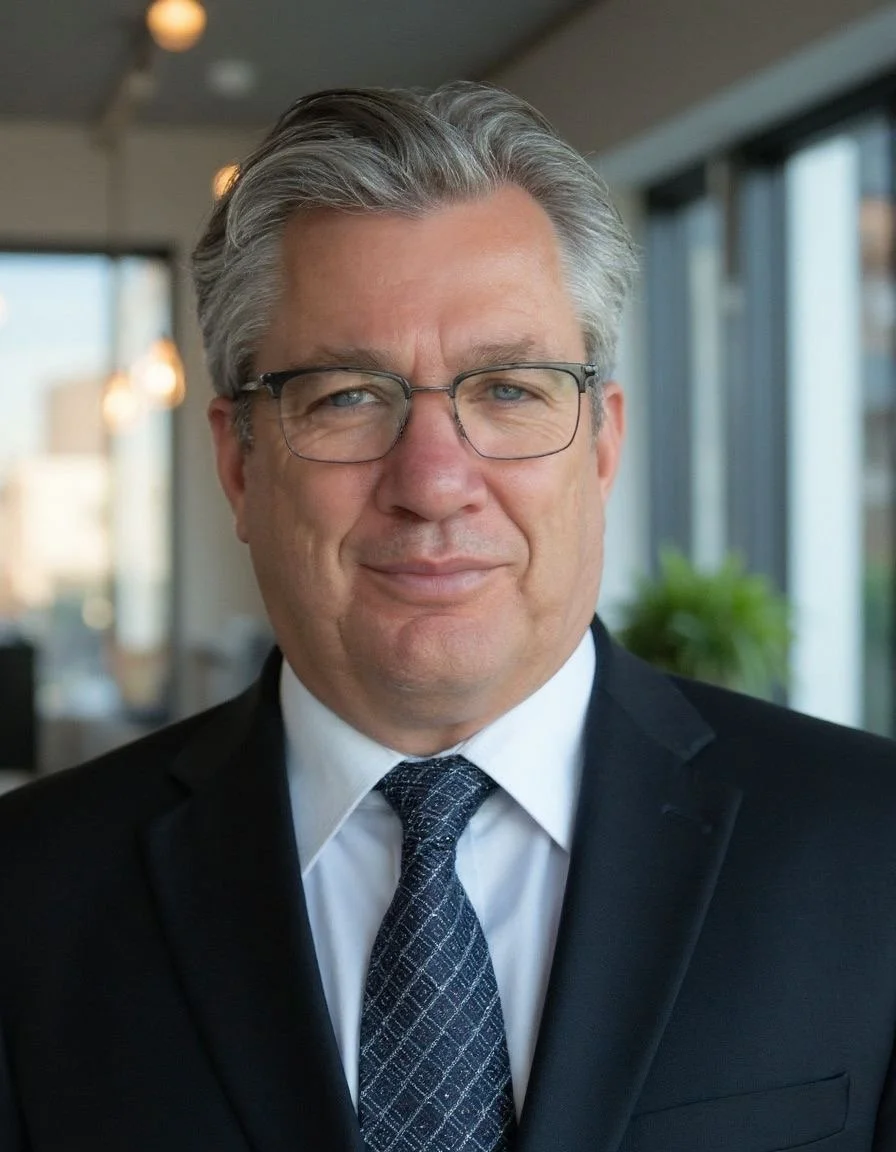 Close-up portrait of a middle-aged man with gray hair, glasses, wearing a black suit, white shirt, and patterned tie, in a modern office setting with windows and plants in the background.Dwayne Hovde