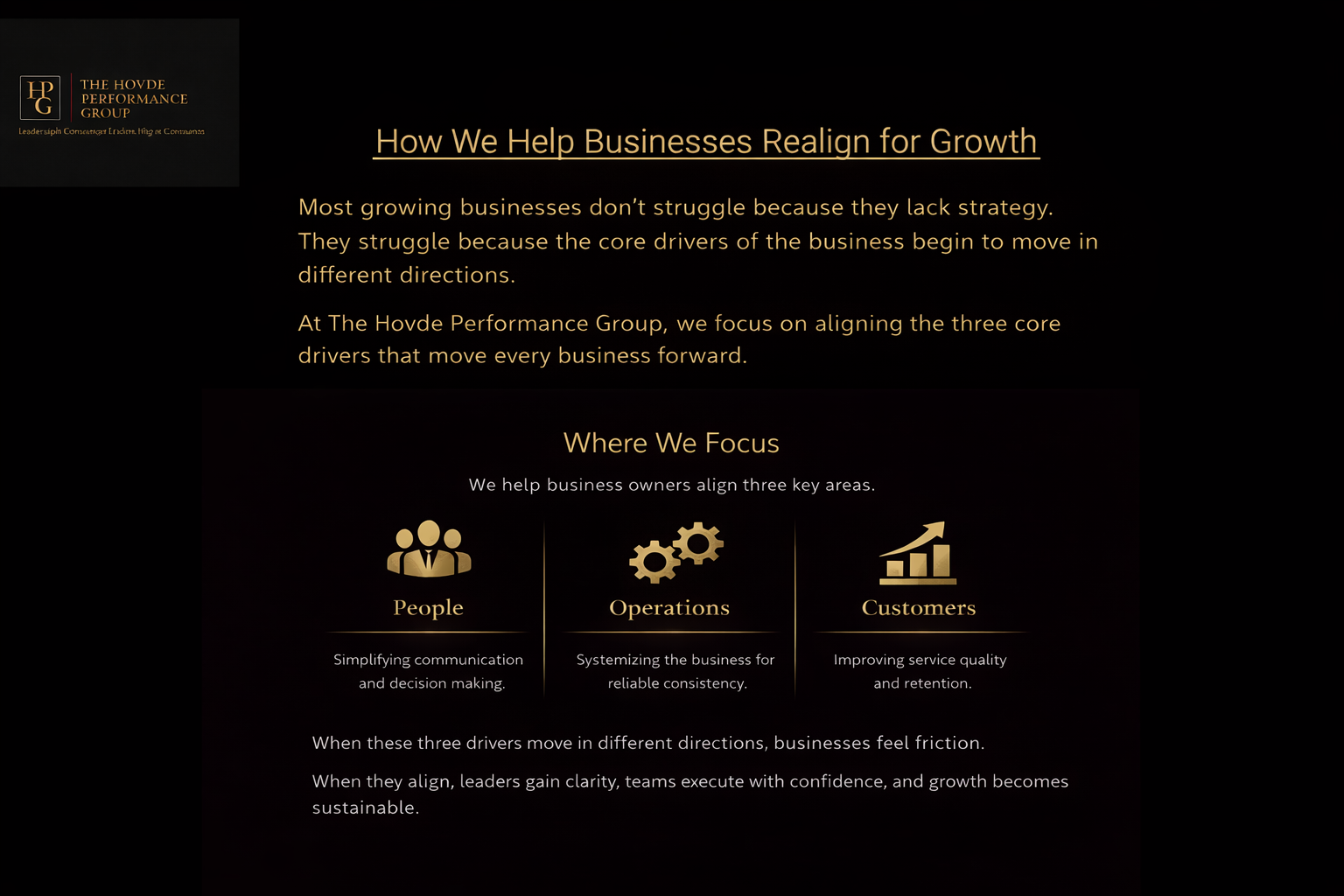 Hovde Performance Group consulting framework focused on aligning people, operations, and customers for sustainable growth