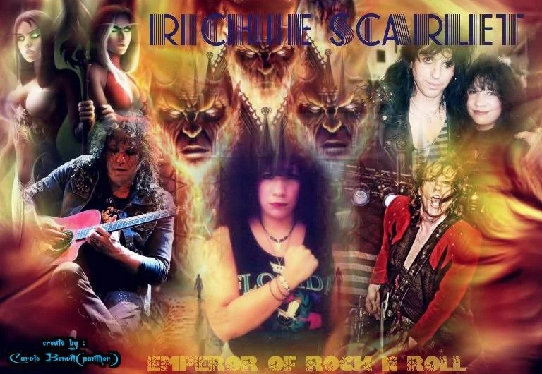 Collage of images of a woman named Richie Scarlet, including portraits, a woman holding a guitar, and artistic elements related to rock and roll.