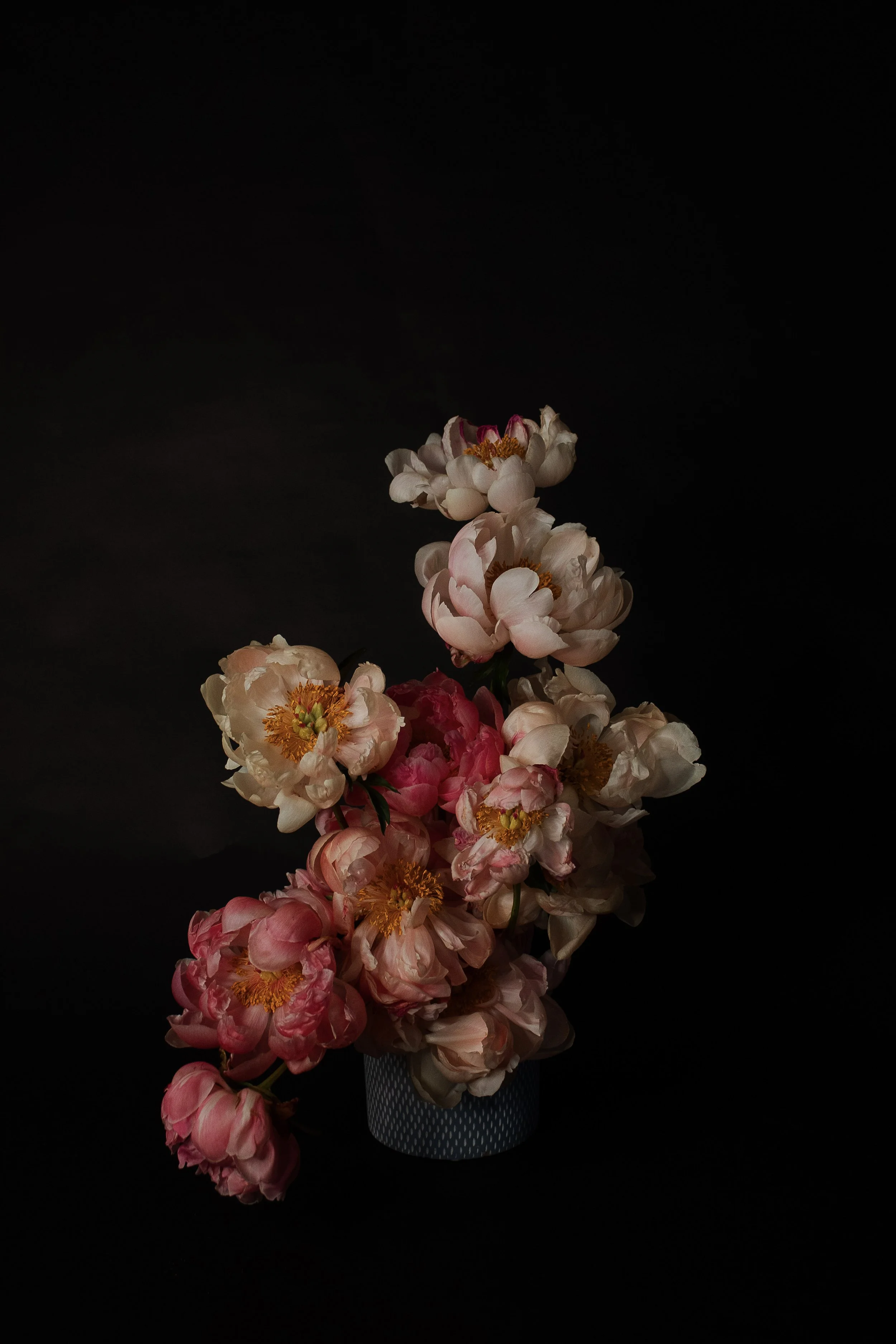 A bouquet of pink and white peonies in a patterned vase against a black background.