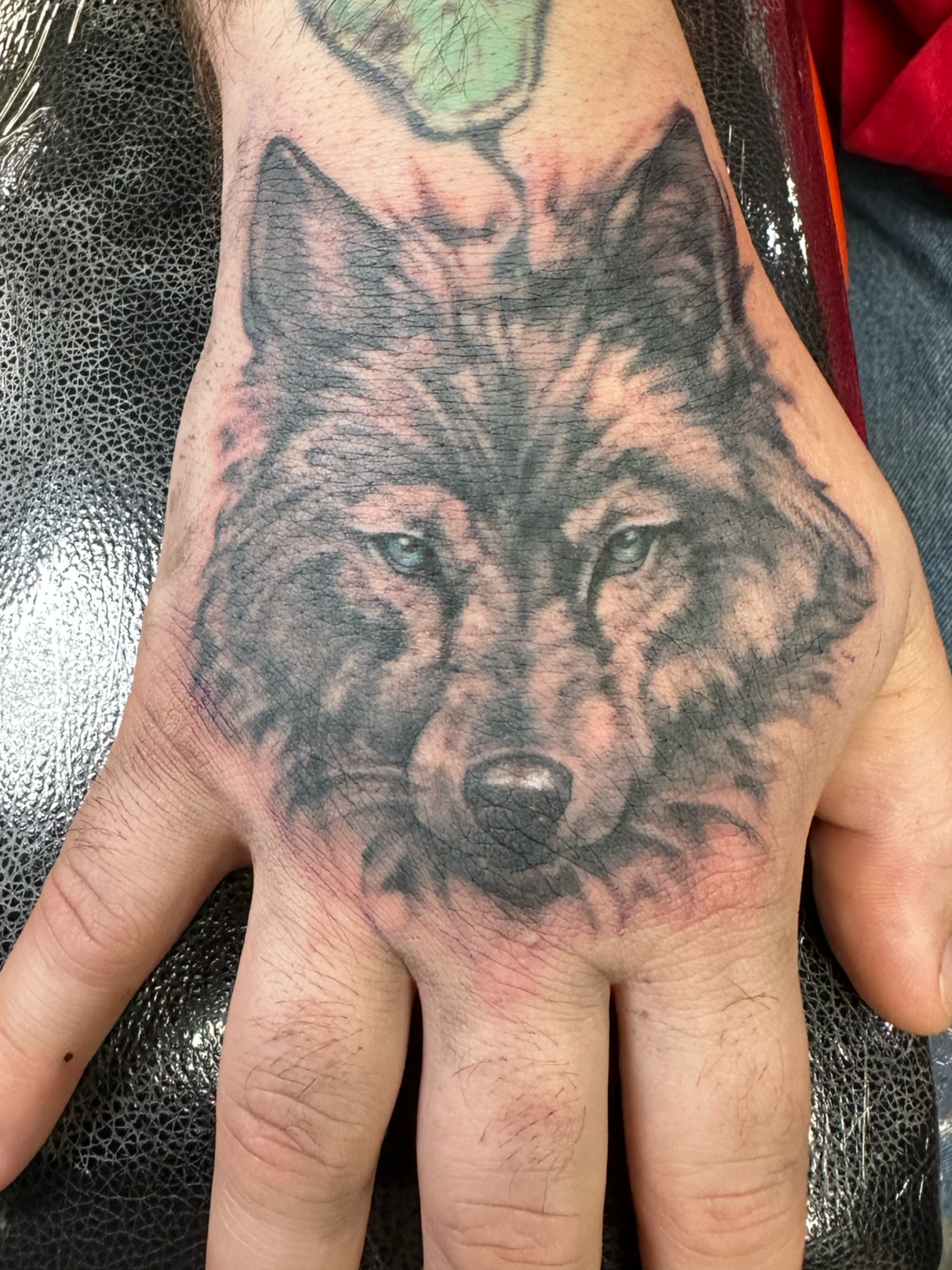 Tattoo of a wolf's face on a person's hand and wrist.