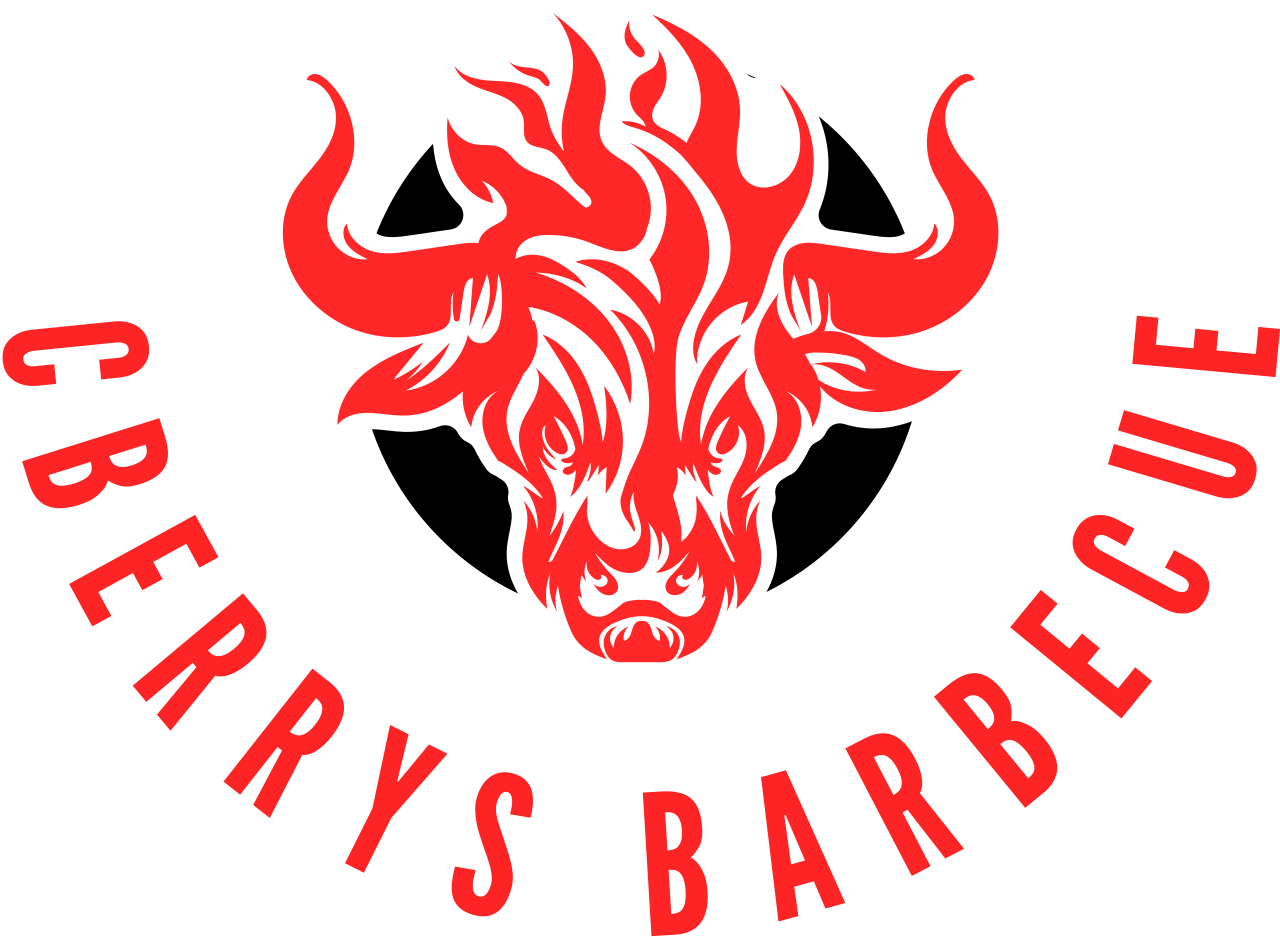 Red and white stylized fiery bull's head logo with the text 'CBERRYS BARBECUE' in red curved around it, on a black background.