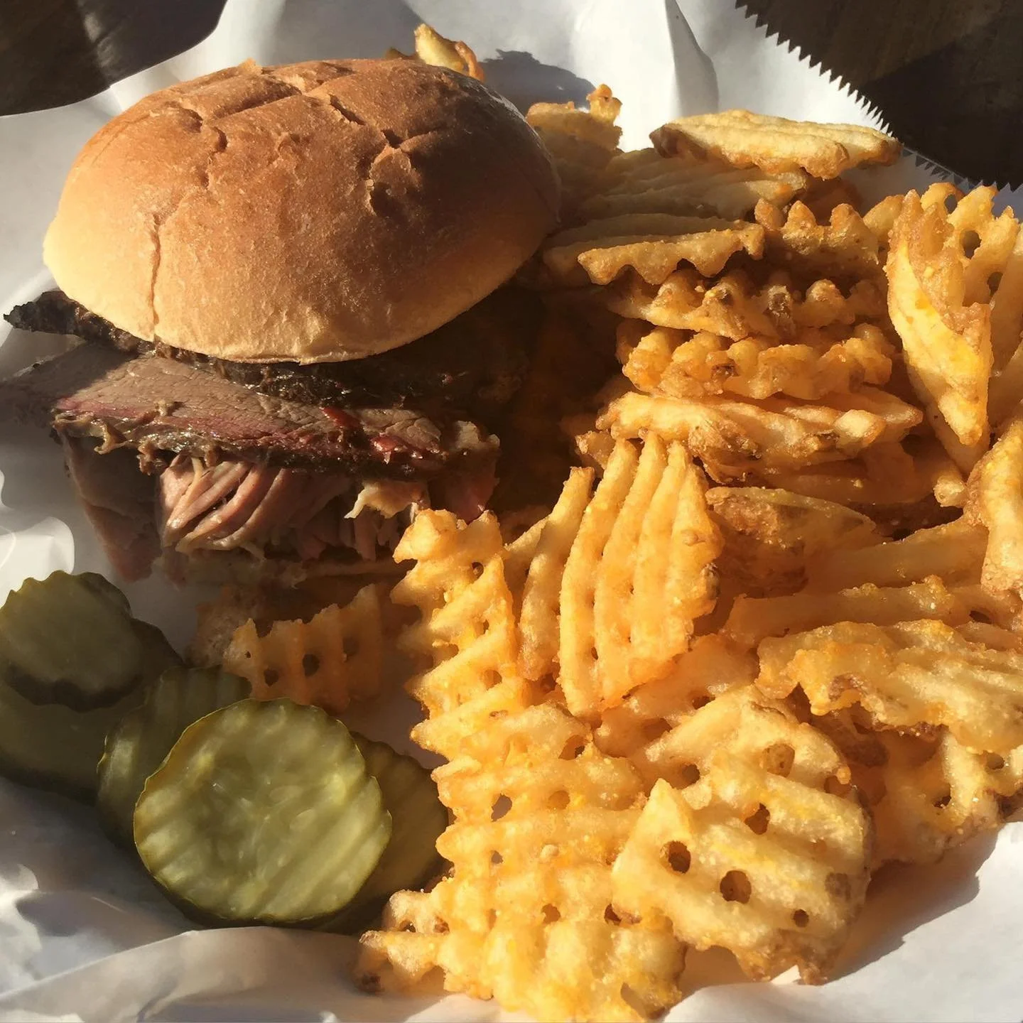 Today&rsquo;s Special: Our Double Deuce Sandwich. Pulled pork &amp; Brisket on a Toasted Bun + Waffle Fries &amp; Drink $14.29. Open at 11am.