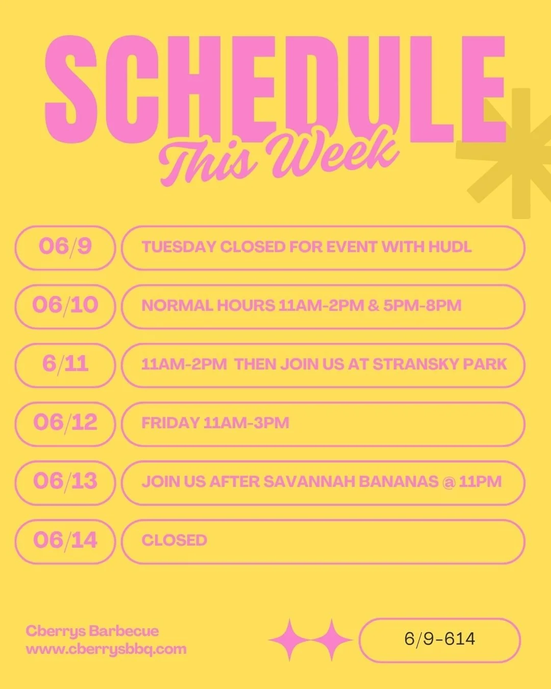 We have a busy week this week.  Take a look at this week's schedule. We are closed all day Tuesday.