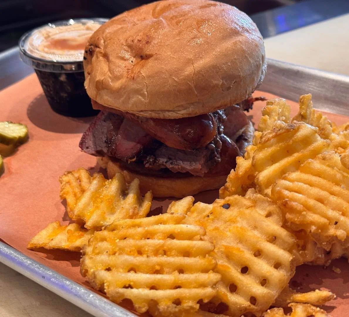 Today&rsquo;s Special: The Big Sausage Sandwich. Pulled Pork or Beef Brisket &amp; a jalapeno cheddar hot link on a Toasted Bun + Waffle Fries &amp; Small Drink. Pulled Pork $16 Beef Brisket $18. Don&rsquo;t forget It&rsquo;s Free Dessert Friday!