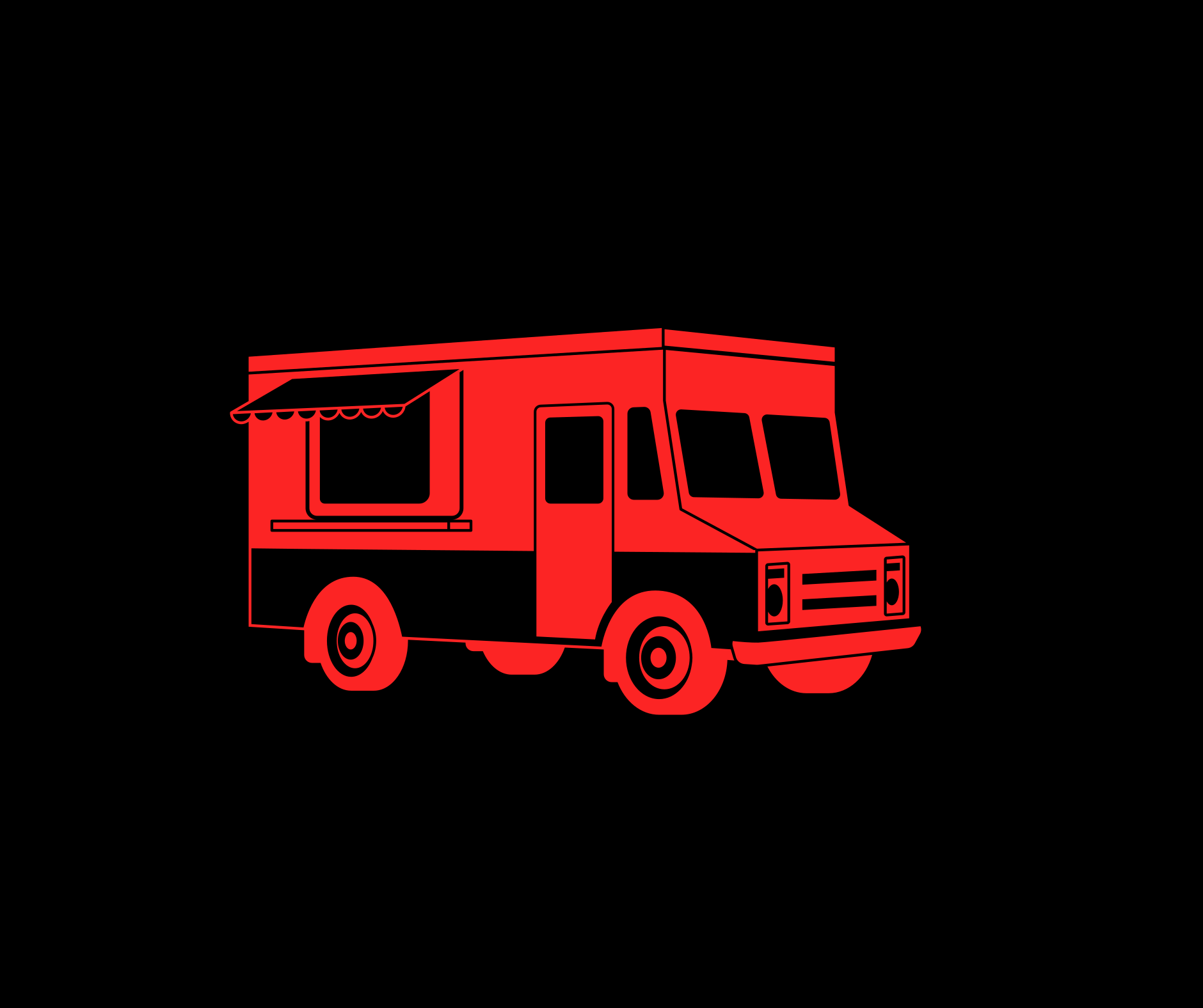 Red food truck with serving window and awning, parked on black background.