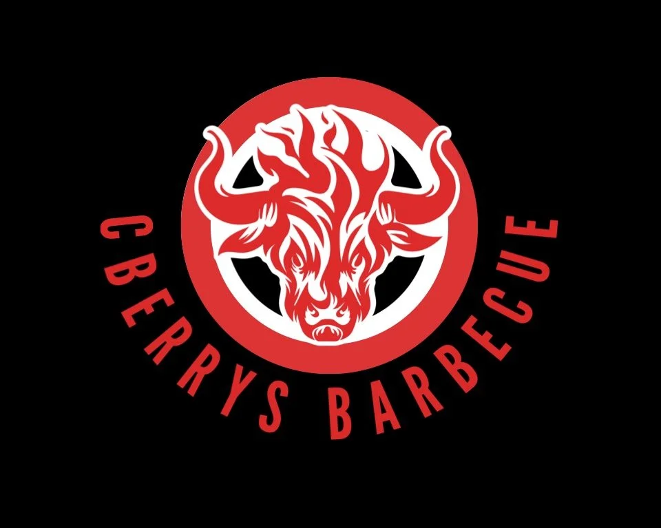 A logo featuring a stylized red and white illustration of a bull's head with large horns, surrounded by a red circle, with the text 'CBERRYS BARBECUE' in red curved around the circle on a black background.