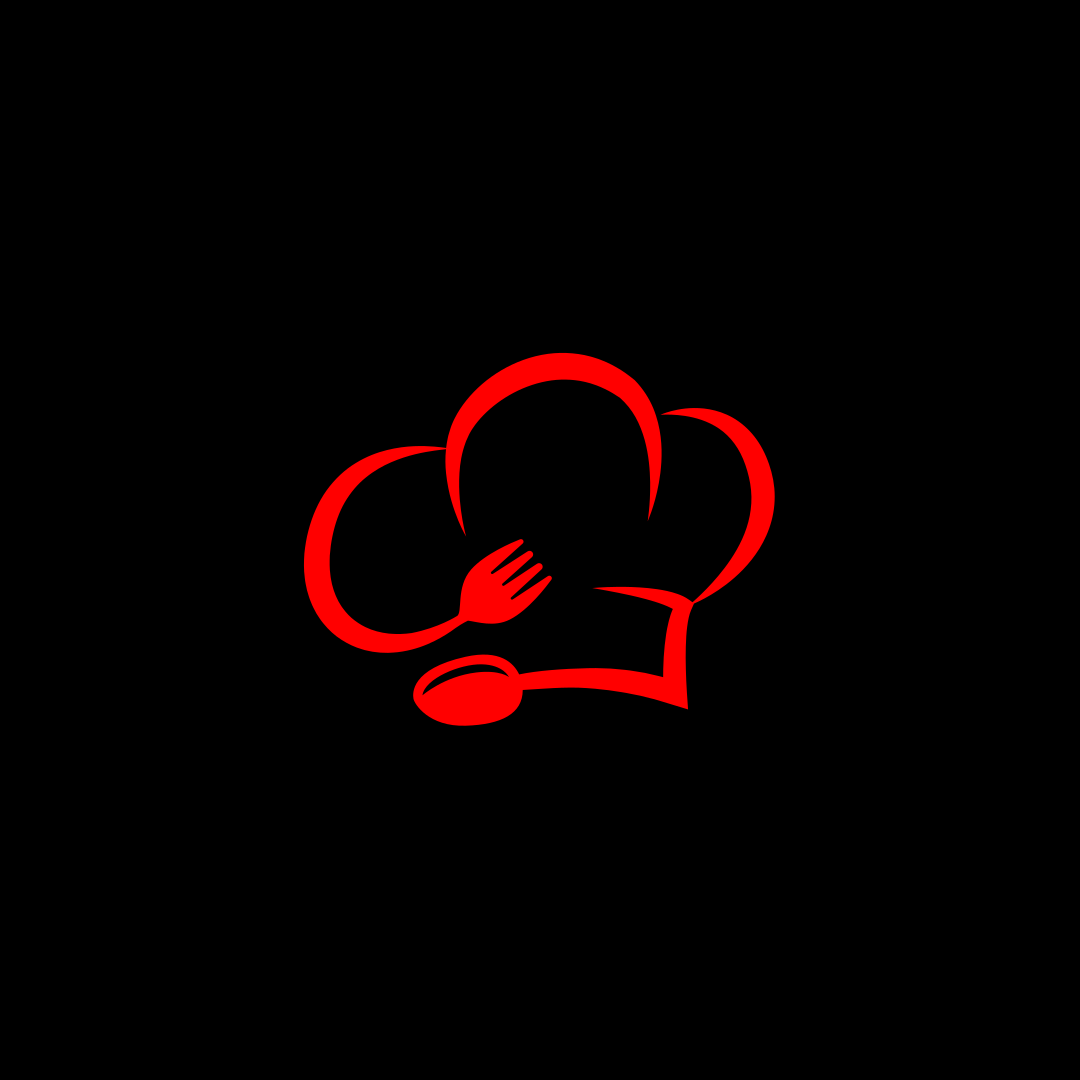 Red line art of a chef's hat, fork, and spoon overlapping, on a black background.