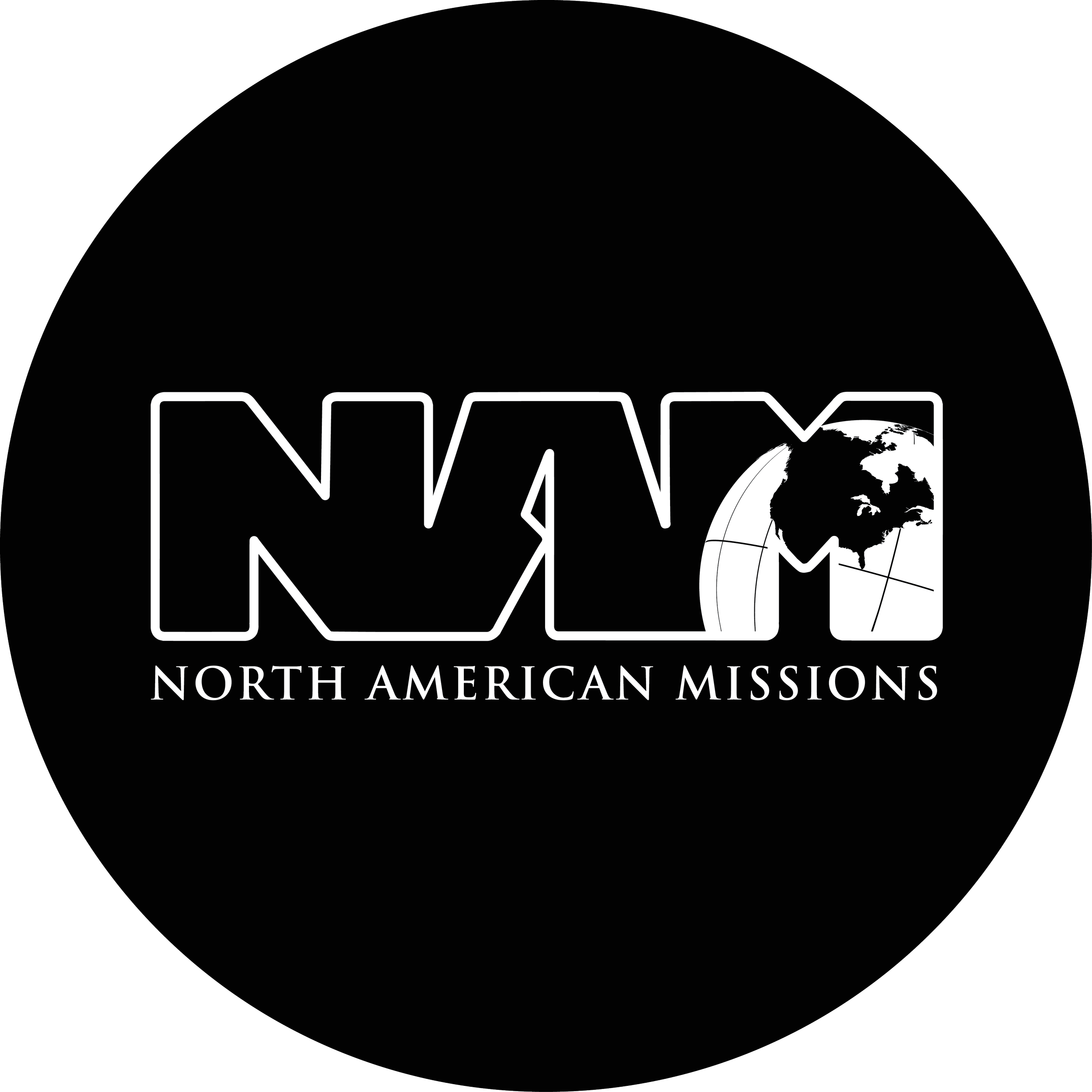 Logo for North American Missions featuring the initials 'NAM' in bold white letters with a black background. The 'A' includes a globe depicting North America.