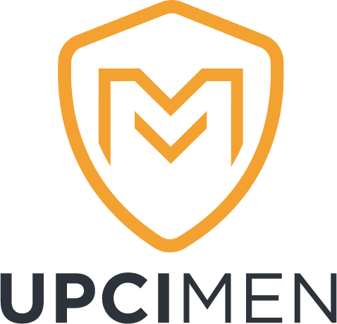 A logo with a shield outline in gold and a stylized letter 'M' inside, with the words 'UPC MEN' below in black and gray.