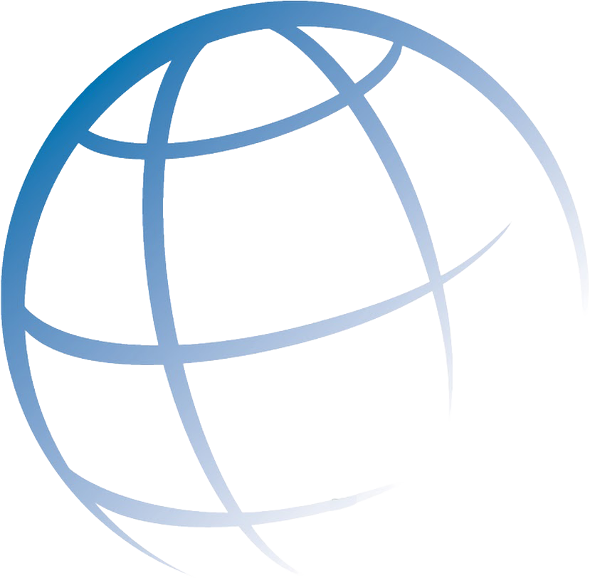 A stylized globe with a blue outline and curved latitudinal and longitudinal lines, representing the Earth or global internet.