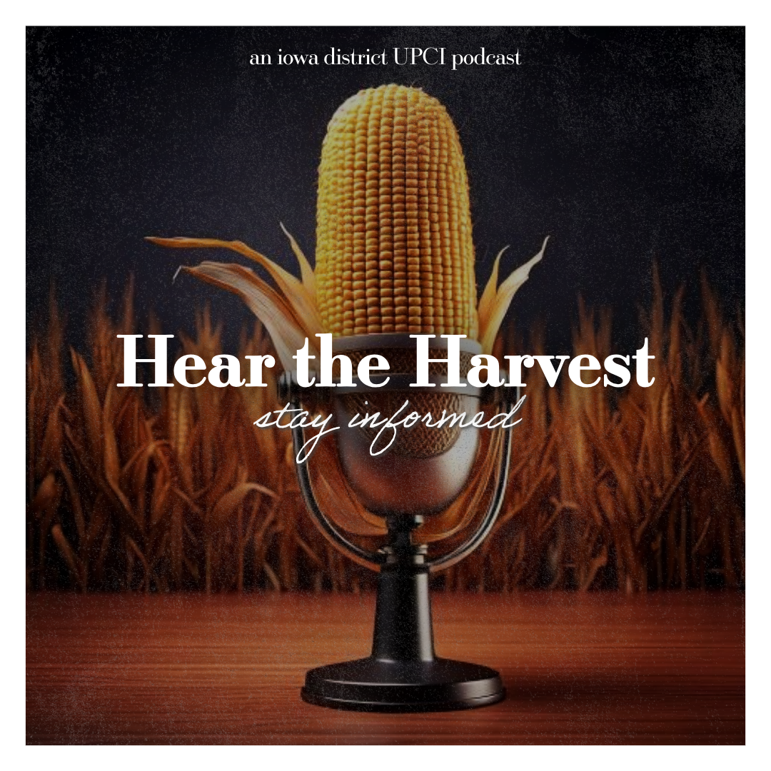 A close-up of a vintage microphone with an ear of corn on top, set against a background of a cornfield at night, with text overlay promoting a podcast about harvest and staying informed.