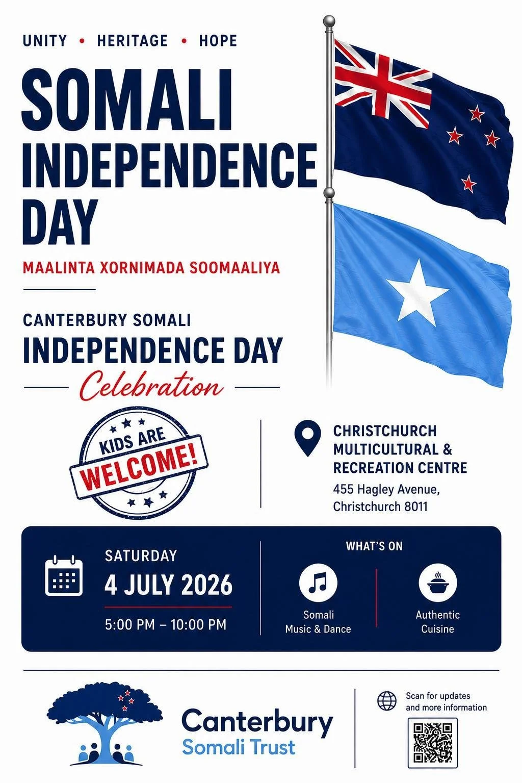 Poster advertising Somali Independence Day celebration with flags, event details, and a QR code for updates.