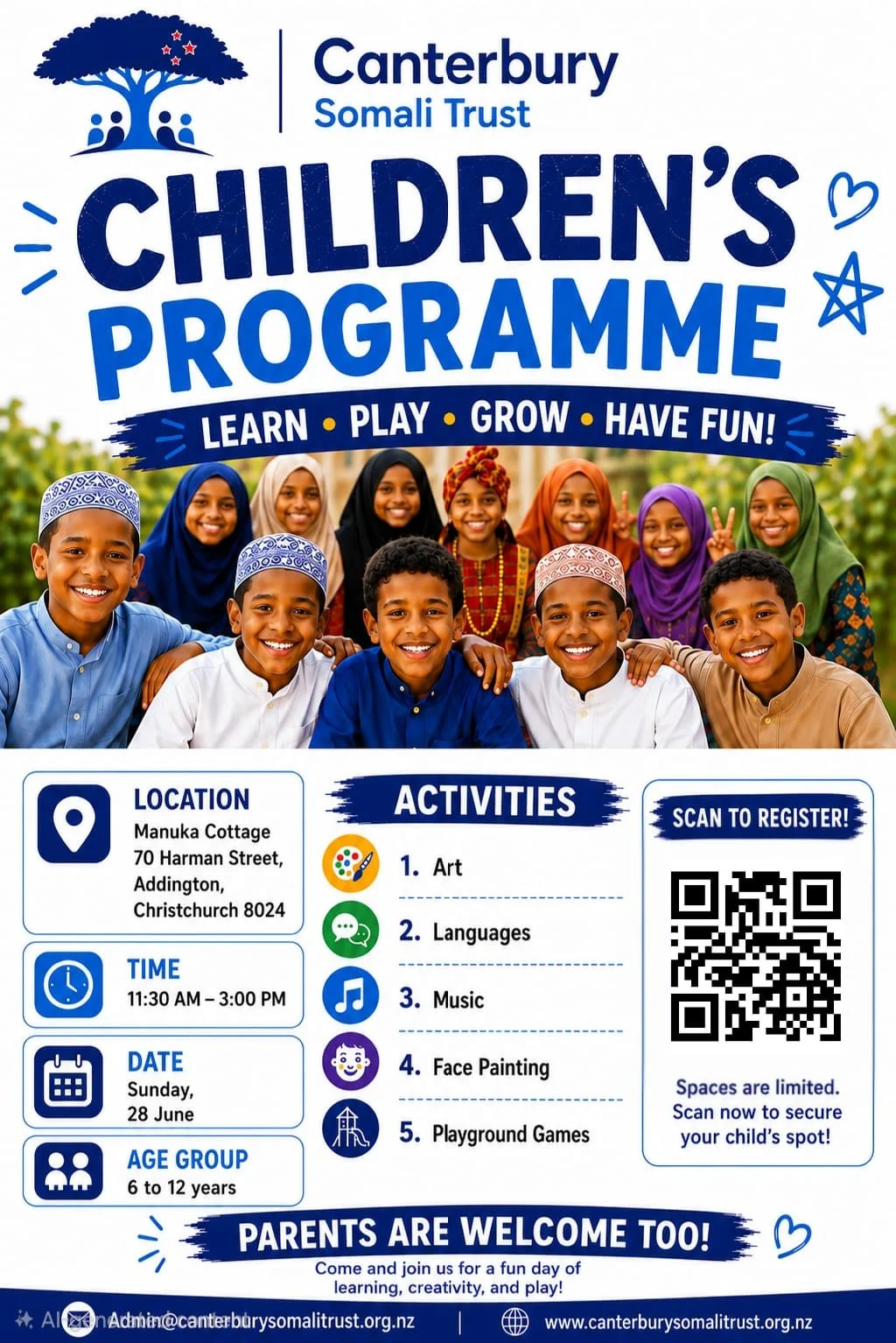 Flyer for Canterbury Somali Trust Children's Programme featuring a group of smiling children wearing colorful traditional clothing, promoting activities like art, languages, music, face painting, and playground games, with event details and a QR code for registration.