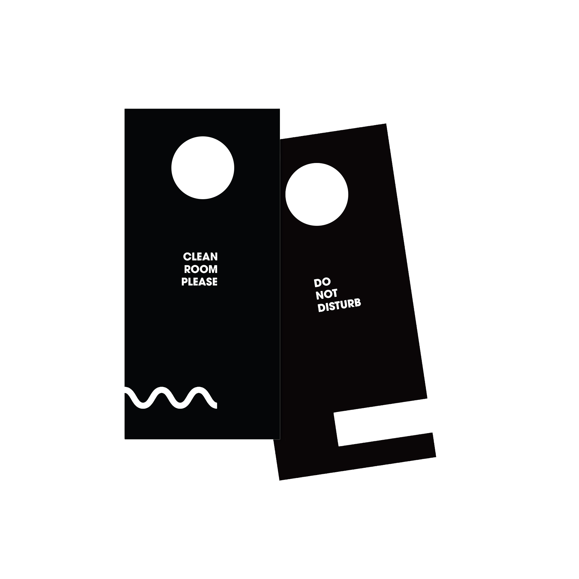 Two black door hangers with white text, one reads 'CLEAN ROOM PLEASE' and the other reads 'DO NOT DISTURB', against a white background.