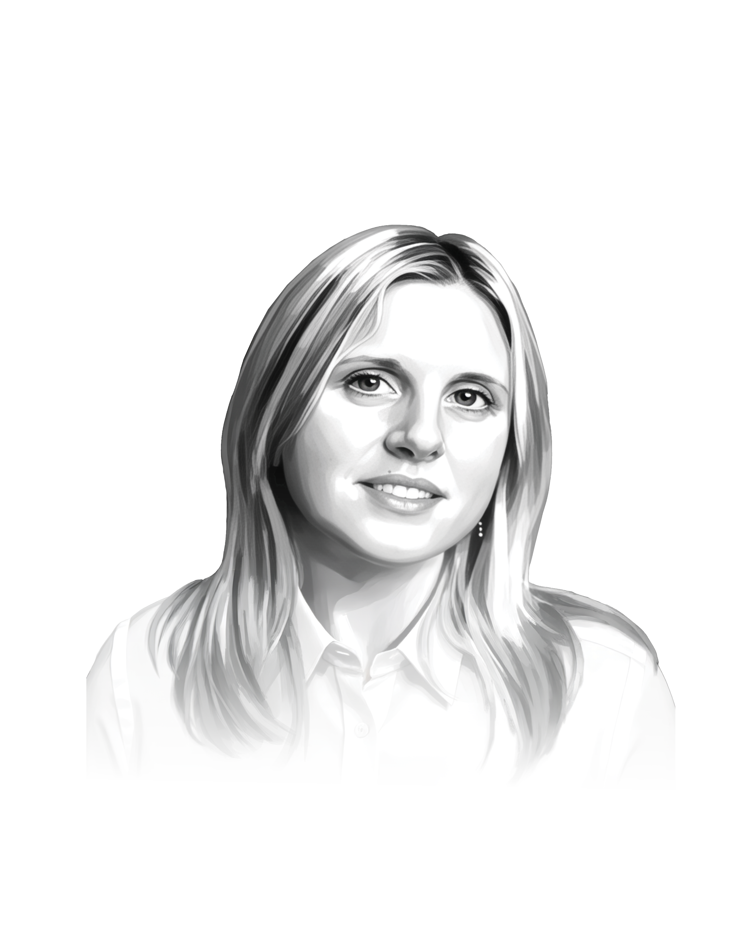 Black and white digital portrait of a woman with shoulder-length hair, smiling and wearing a collared shirt.