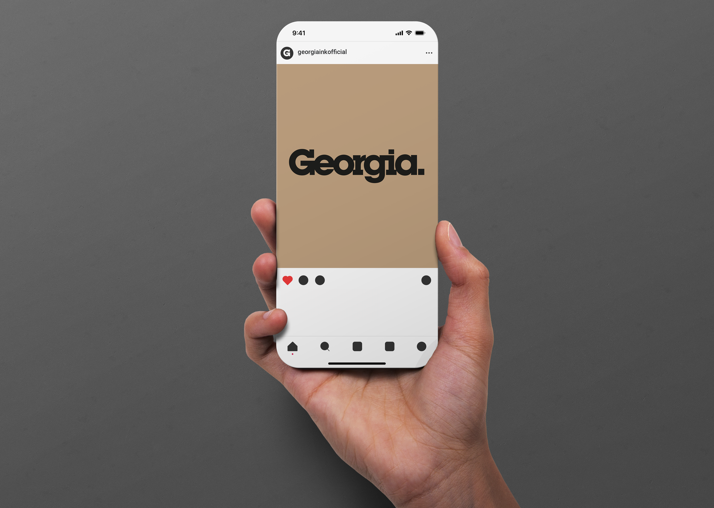 A person holding a smartphone displaying an Instagram post with the word 'Georgia.' in large black letters on a beige background.