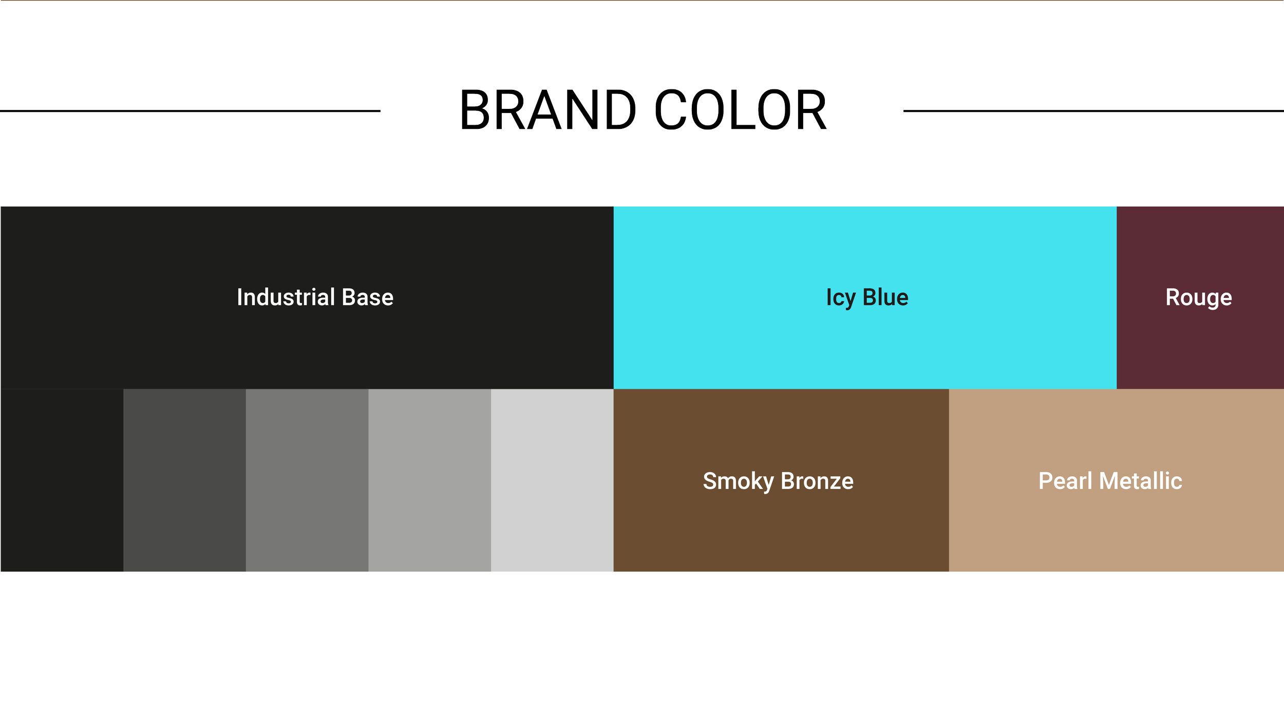 Color palette with labels for brand colors: Industrial Base, Icy Blue, Rouge, Smoky Bronze, and Pearl Metallic.