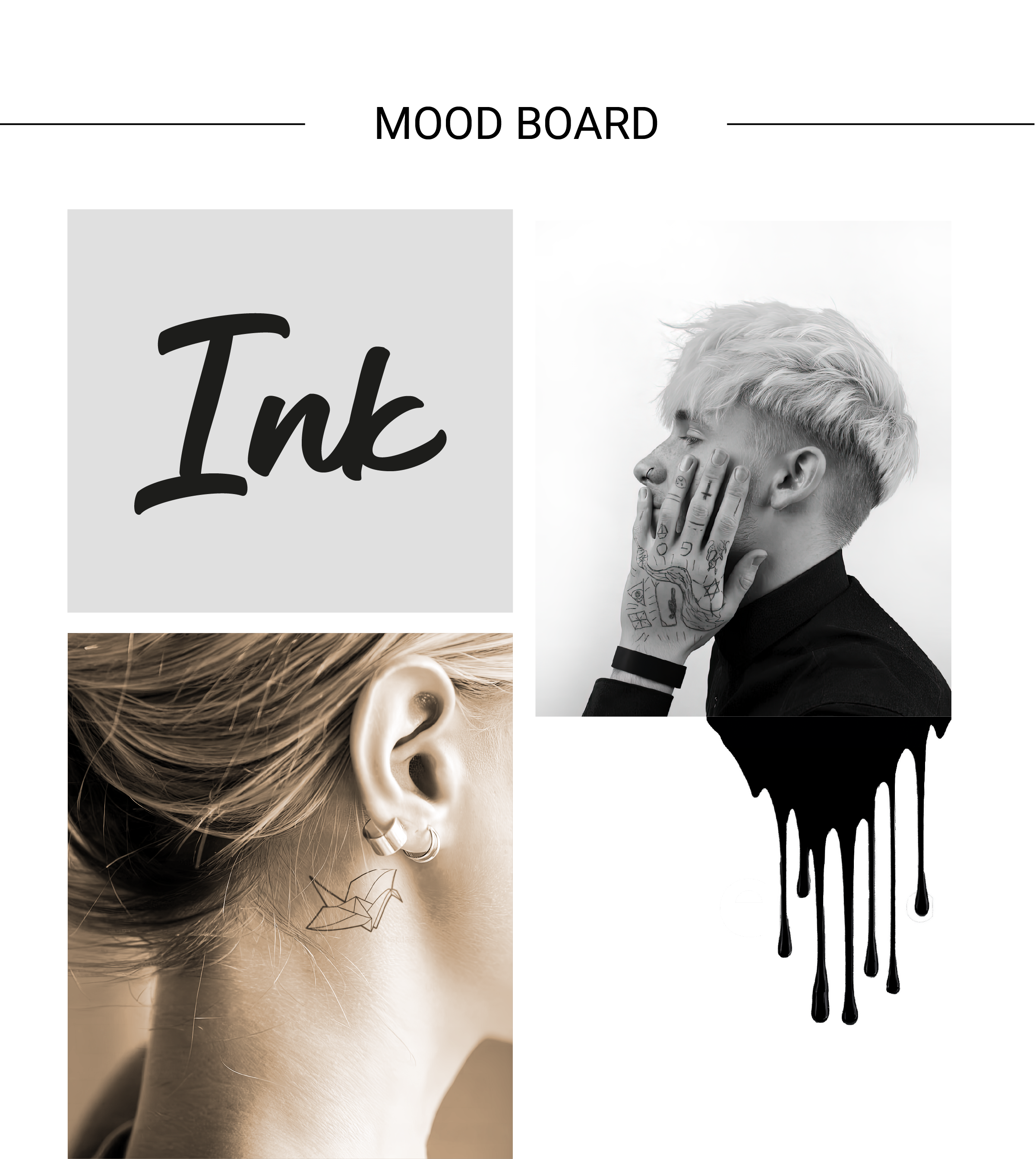 Collage with the word 'Ink', a black-and-white portrait of a person with tattoos and bleached hair covering their face, and a sepia-toned close-up of an ear with an earring and a geometric tattoo behind it.