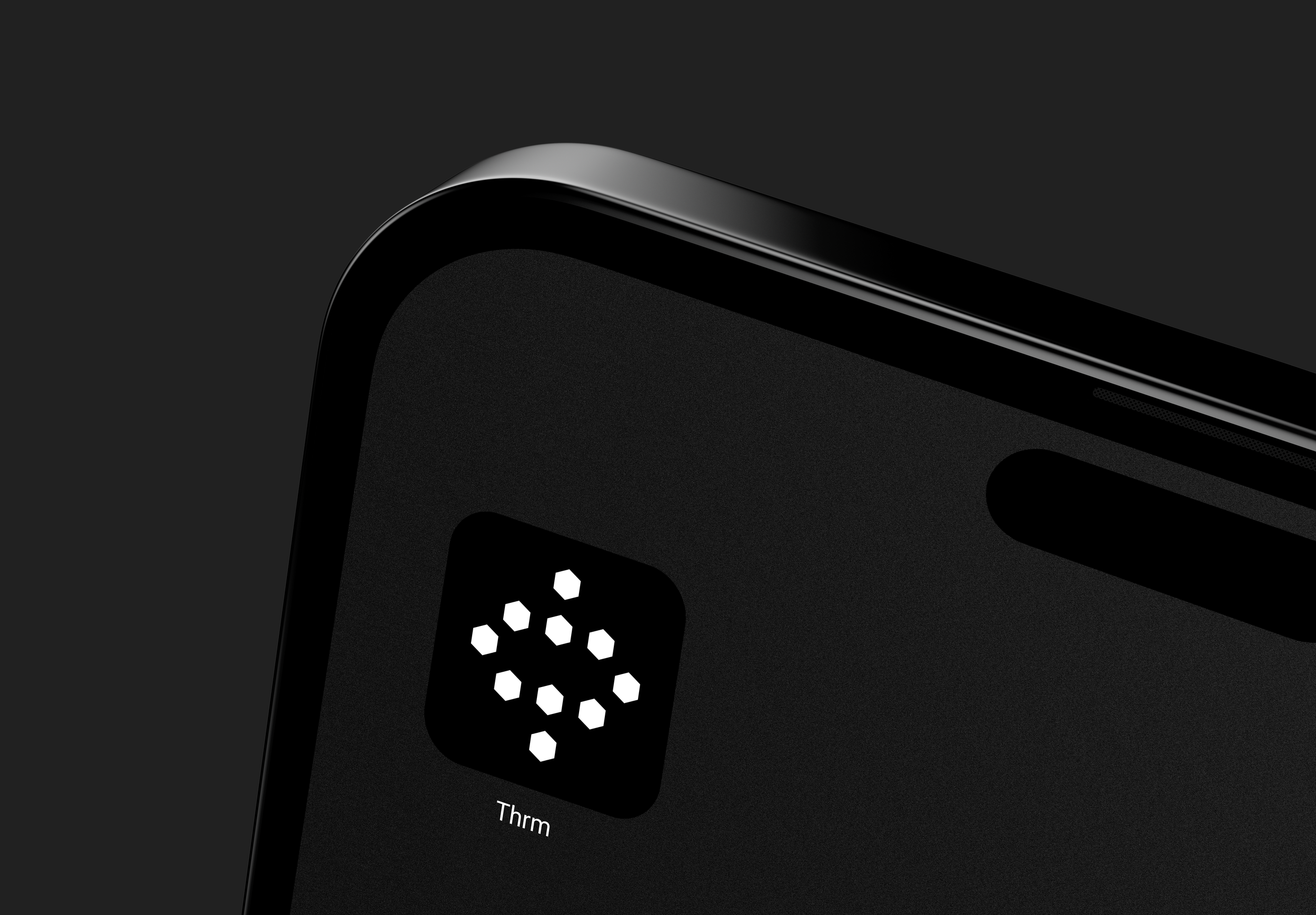 Close-up image of a smartphone screen showing an icon with white hexagons arranged in a plus sign shape, with the label 'Thrm' underneath.