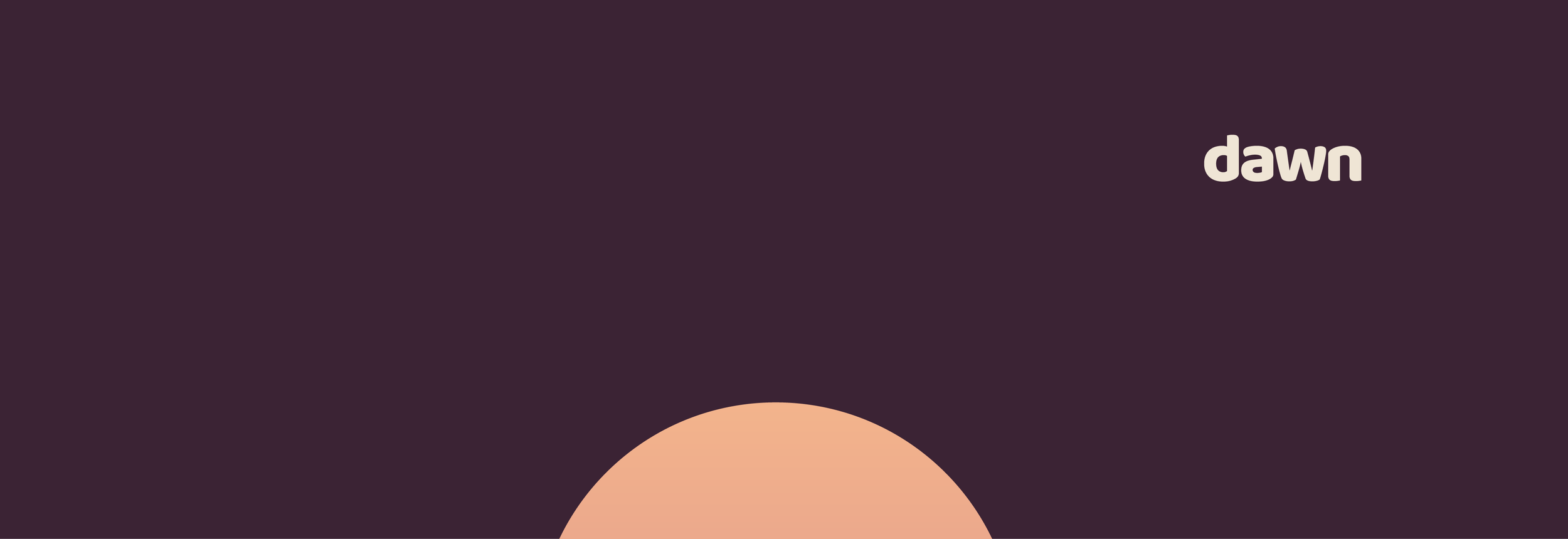 The word 'dawn' is written on a dark purple background with a light peach semicircle at the bottom, symbolizing the sunrise.