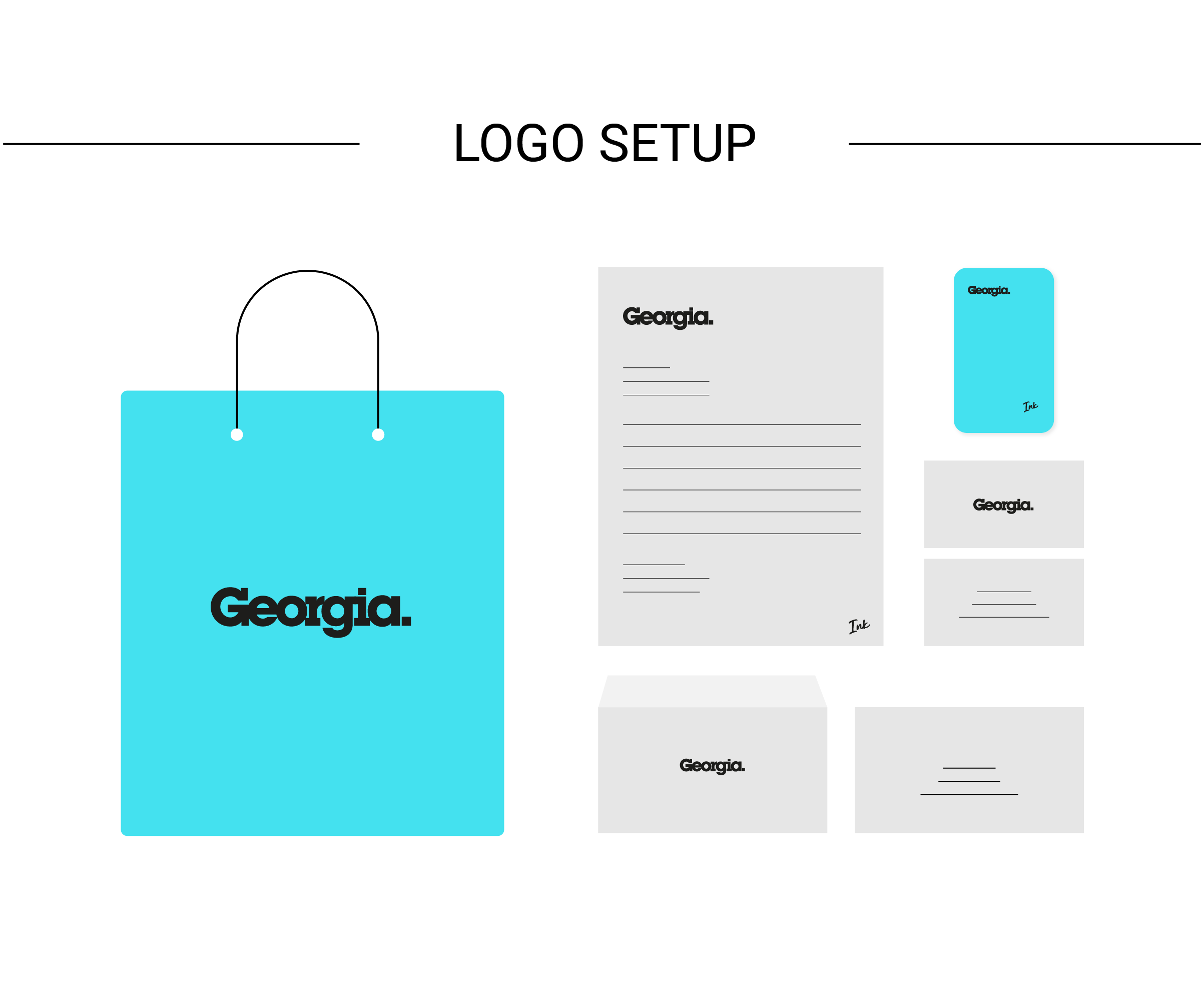 Collection of Georgia-branded stationery including a large blue tote bag, a notepad, a notebook, a smaller notebook, a business card, and an envelope, all featuring the word 'Georgia' in bold black font.