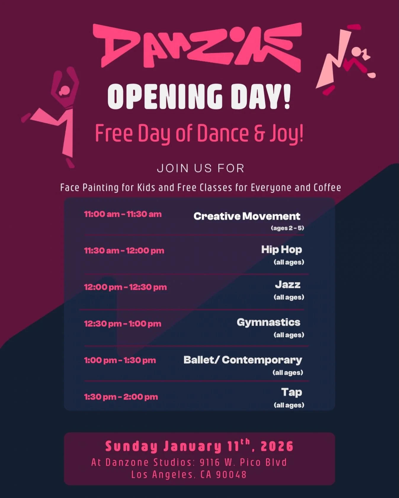 ✨Danzone Opening Day✨

While we&rsquo;ve been dancing together for a few weeks now, we&rsquo;re so excited to finally celebrate our official opening day with our amazing community! 

Join us for a fun-filled day with FREE DANCE CLASSES, music, and sp